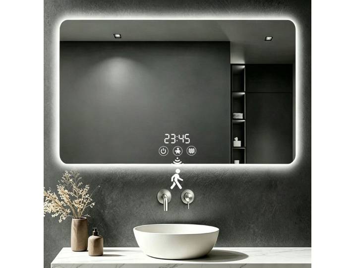 Miroir De Salle De Bain HOMPANY Détecteur Mouvement Bouton Tactile Anti-buée Horloge LED 3 Couleurs Mémoire 120x80cm