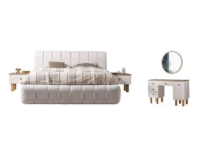 Villa Möbel Schlafzimmer-Set Baha, (Schlafzimmer-Set, 4-tlg., Bett mit Kopfteil, 2 Nachttische und Kommode), Polsterbett mit Stoffbezug wirkt ruhig bequem und einladend