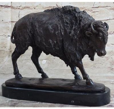 Bronzhaus American Buffalo Bison Western Decor Bronze Marble Base Statue Sculpture Artwork