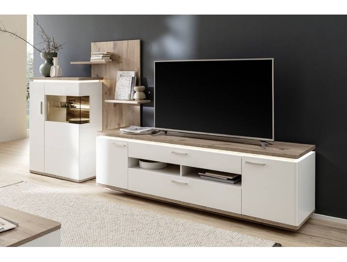 Wohnkombination Palermo , Soft white / Viking Oak , 3-teilig , mit Beleuchtung