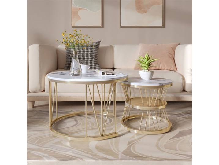 Table basse ronde - style moderne chic plateau blanc et piètement en doré - table de salon élégante - Blanc et Doré
