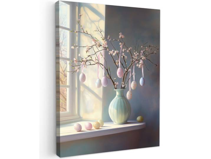 LEINWANDBILD Stillleben - Vase - Osterzweig Wandbild Wohnzimmer 60x80 cm