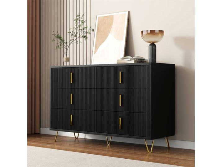 MERAX Commode à 6 Tiroirs Noir - 120x40x77 cm - avec Façades Rainurées et Poignées en Métal Doré – Design Élégant