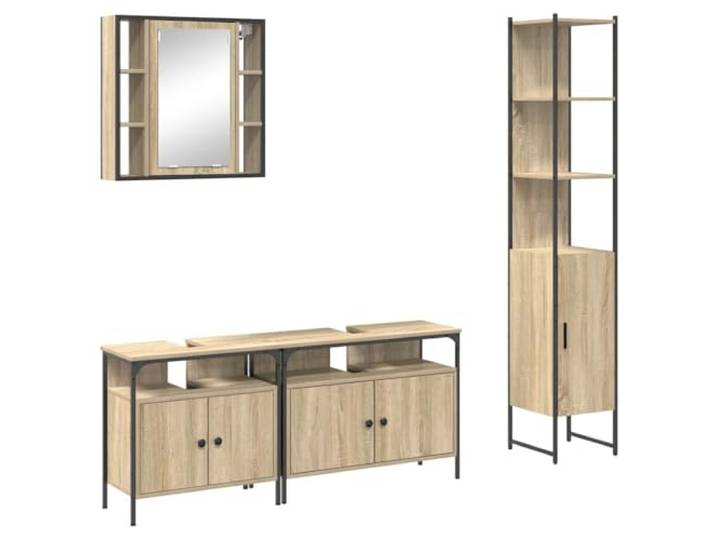 POUFGDR Badezimmermöbel-Set, 4-teilig, Sonoma-Eiche, Wandmontage Holzwerkstoff, bündige Türen, glatte Oberflächen, Aufbewahrung unter der Spüle, Wandschrank, minimalistischer Look