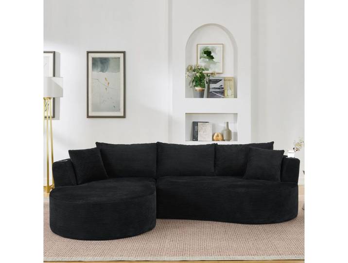 ELVORIN Canapé 3 places courbé 2 accoudoirs avec porte gobelet tissu côtelé noir 2 colis
