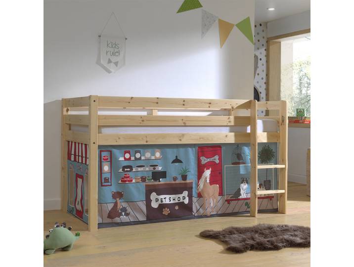 Lit Mi-Hauteur 90x200 sommier inclus housse Pet Shop Vipack Pino Bois