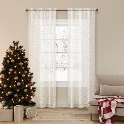 No. 918 Holly Metallic Embroidery Christmas Sheer Rod Pocket 2-Piece Curtain Panel Pair