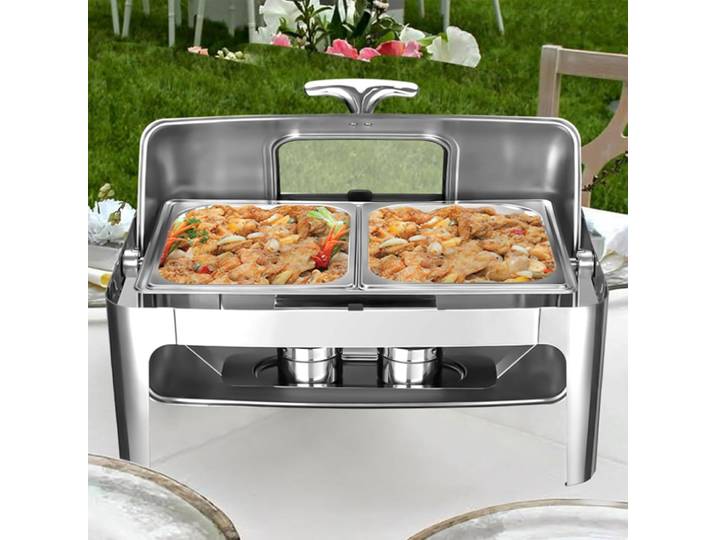Plat de service rectangulaire en acier inoxydable de 9 litres avec couvercle transparent, chauffe-plat pour buffets et traiteurs