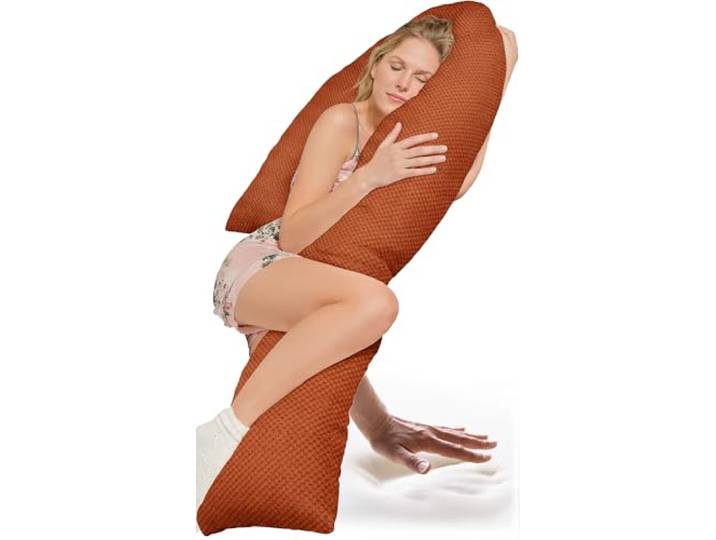 Traumreiter Seitenschläferkissen Visco J Form L langes Wendekissen mit Memory Foam Stütze [orthopädisch] Schwangerschaftskissen zum Schlafen, Stillkissen XXL Kissen, Komfortkissen mit Bezug Terrakotta