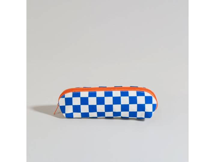 Beutel aus Bio-Baumwolle mit blau-orange-weiß kariertem Muster