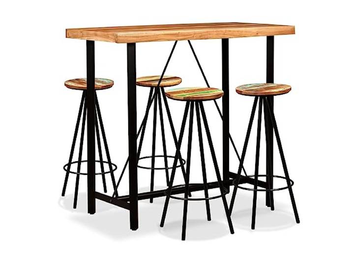KFPOERTFGD 5-TLG. Bar-Set Akazienholz Altholz Industriedesign Set Braun Massivholz-Konstruktion, Handgefertigt, Für Bistro & Bar, Robustes Stahlgestell
