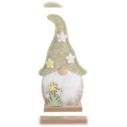 Decoris Dekofigur Wichtel mit Blumenhut 20cm Filz Holz Frühlingswichtel Frühlings- und Osterzeit Deko Zwerg Frühlingsdeko Osterdekoration Grün Weiß