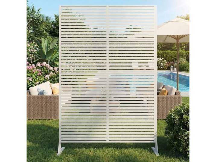 Sichtschutz Metall, Freistehender Paravent 180x120 cm, Wetterfester Sichtschutz Für Garten Terrasse Balkon Outdoor Deko, Raumteiler Mit Ständer, Verzinkter Stahl, Horizontalstreifen Weiß