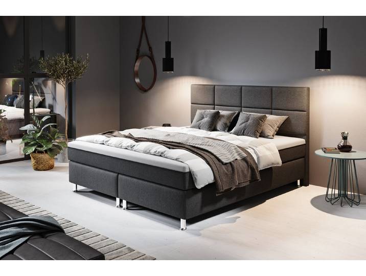 inter Boxspringbett R2 Webstoff mit 7 Zonen Taschenfederkernmatratzen und Topper-Optik (180x200 cm, Anthrazit mit 7-Zonen Taschenfederkernmatratzen und Topper-Optik), Taschenfederkern-Komfort, gepolstertes Kopfteil, inklusive Matratzen