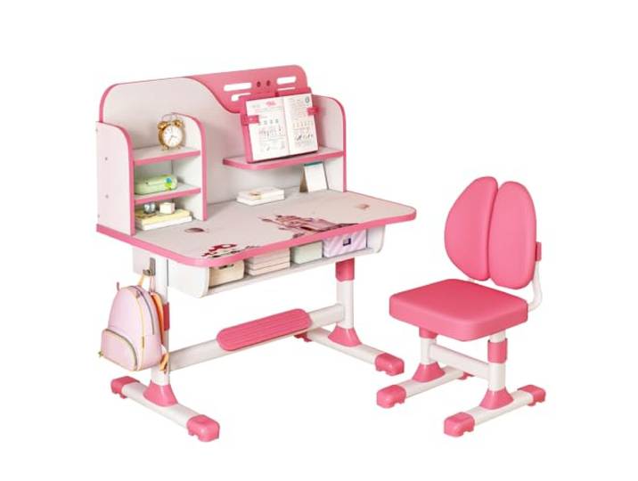 toxaaiwr Kinderschreibtisch mit Stuhl, höhenverstellbar Stabiler Q195-Stahlrahmen, 80 cm breite Tischplatte, für Kinder von 3 bis 18 Jahren geeignet Rosa