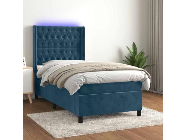 RJPLMFV Boxspringbett, dunkelblau, 100 x 200 cm, mit Matratze und LED Weiches Velours, verstellbares Kopfteil, Taschenfedern, inkl. Matratzenschoner