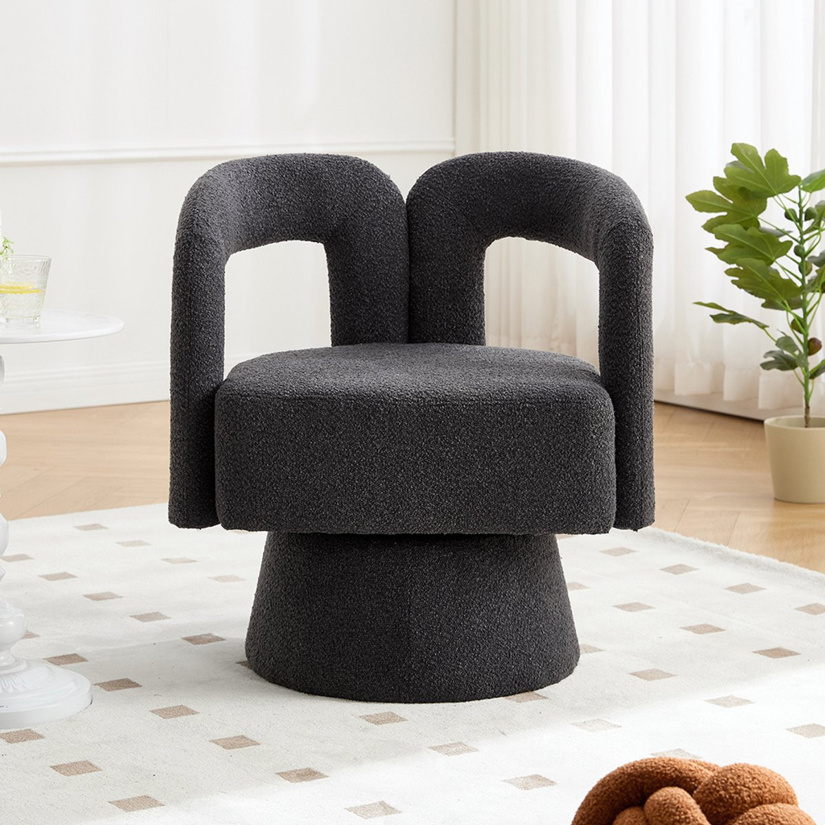 KOMHTOM 360 graden draaibare lounge fauteuil, ronde bijzetstoel met brede vulling, donkergrijs