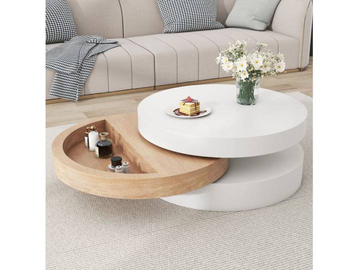 Table basse ronde 60x60x35 1 cm EVRYAE - plateau rotatif 360 degres rangement dissimule et 3 niveaux - Blanc et bois