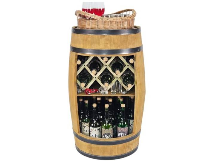 kadamahu Holzfassmöbel, Faltgestell, Servierkorb, 80 cm Erlenholzkonstruktion, zwei offene Ebenen für bis zu 40 Flaschen 0,75 l; vormontiert, Platz für ein Cocktailglas, Rum und Gin