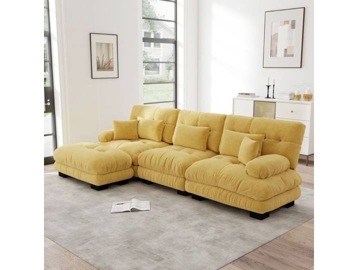 Canapé d'Angle Modulaire de Luxe - Canapé Cloud XXL en L Canapé-lit Profond avec Ottoman Tissu Chenille Jaune