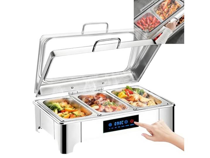 Aocay Elektrischer Chafing Dish Glasdeckel, 9L Edelstahl(1/3 Pan) Speisewärmer Buffetwärmer Elektrisch Einstellbarer Temperatur, Warmhaltebehälter Essen Elektrisch mit Abnehmbarer Heizplatte