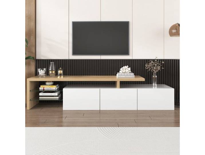 Meuble TV design moderne blanc brillant & bois - Étagères verre éclairage LED rangements pratiques - Élégance raffinée