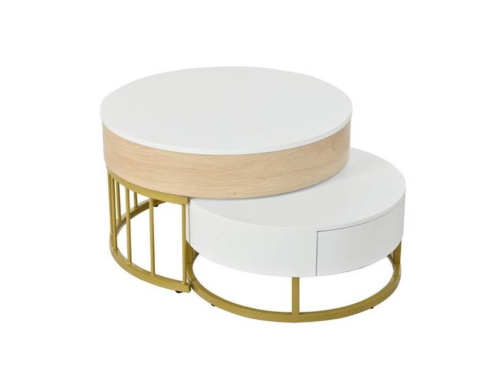 Flieks Couchtisch Set 2-tlg Gold Hochklappbar 2 Schubladen Satztisch Kombination, Weiß, Holz, 78x22x78.5 cm, Wohnzimmer, Wohnzimmertische, Couchtische