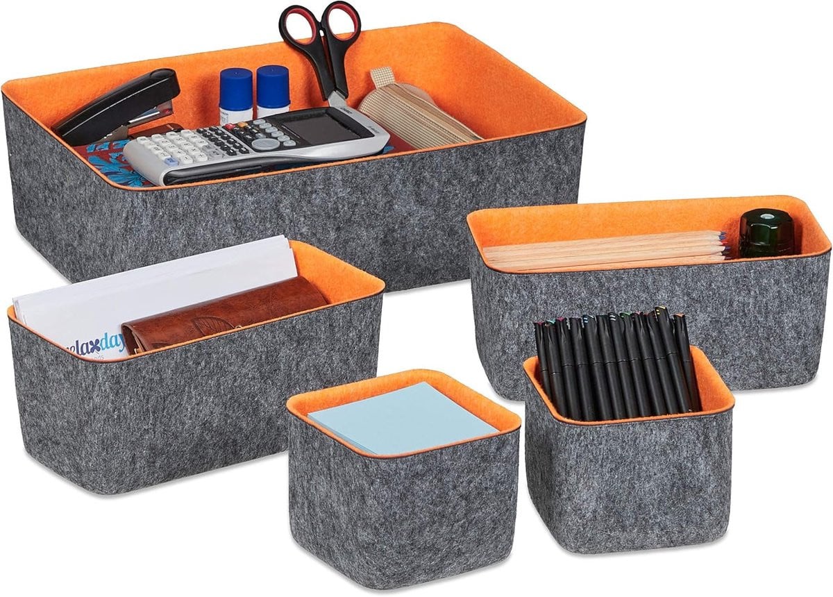 Thijox Vilt Lade Organizer Set - 5-delige Bureau Organizer in Grijs/Oranje voor Pennen en Notities