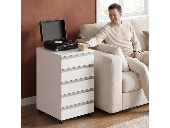 Conteneur roulant blanc, classeur mobile, armoire à tiroirs avec 5 tiroirs, armoire de rangement pour le bureau et le bureau à domicile