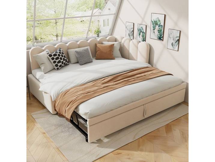 Canapé convertible Beige Couchage 180 x 200 cm 2-en-1 Multifunktions-Schlafsofa en forme L (90/180 x 200 cm)
