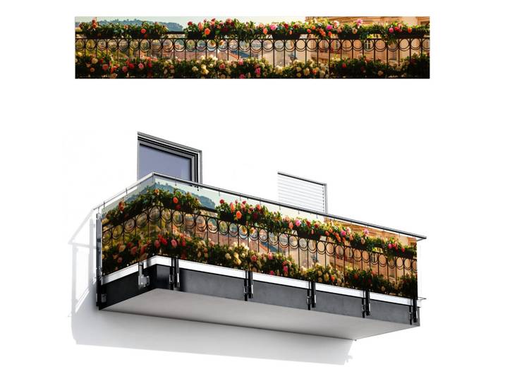 MuchoWow Balkon-Sichtschutz Blumen - Zaun - Stadtbild - Sommer, Pink, Kunststoff, Rechteckig, 500x90 cm, Sonnenschutz, Sichtschutz