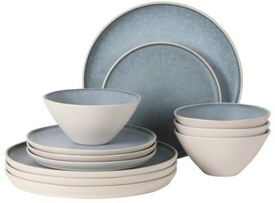Gibson Elite Coastal Forest Plates and Bowls Sets, 12-Piece Stoneware Dinnerware Sets, Triple Reactive Glaze Dish Set