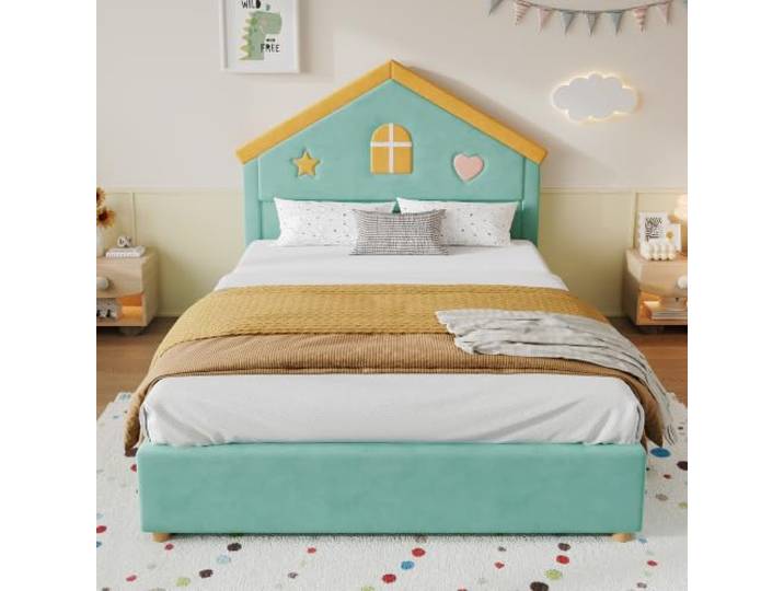 Bellemave Polsterbett 140x200,Haus‑Kinderbett mit Schubladen,Samt,Blaugrün Inklusive 4 Stauraum‑Schubladen, hausförmiges Kopfteil, weicher Samt‑Bezug, belastbar bis 220 kg, Lattenrost enthalten