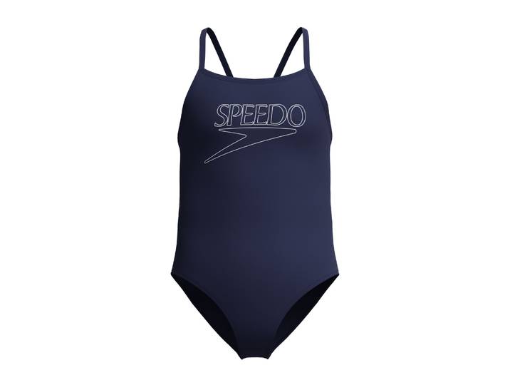 Badeanzug SPEEDO Gr. 128, blau (nvy, blu), Badeanzüge, Mädchen, 128 (122), N-Gr, Obermaterial: 100% Polyester, Badeanzug, für Junior-Training und Unterricht, mit dünnen Trägern, chlorbeständig