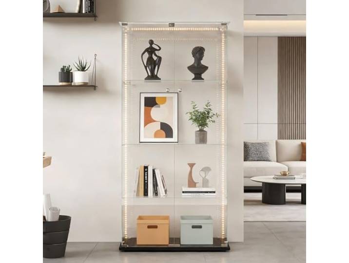 Glasvitrine mit LED-Beleuchtung, 4 Schichten Glas, Wohnzimmervitrine, mit 2 Türen und Schloss, Glasvitrine für Wohnzimmer, Schlafzimmer, Büro (schwarz / 35x78,5x163cm)