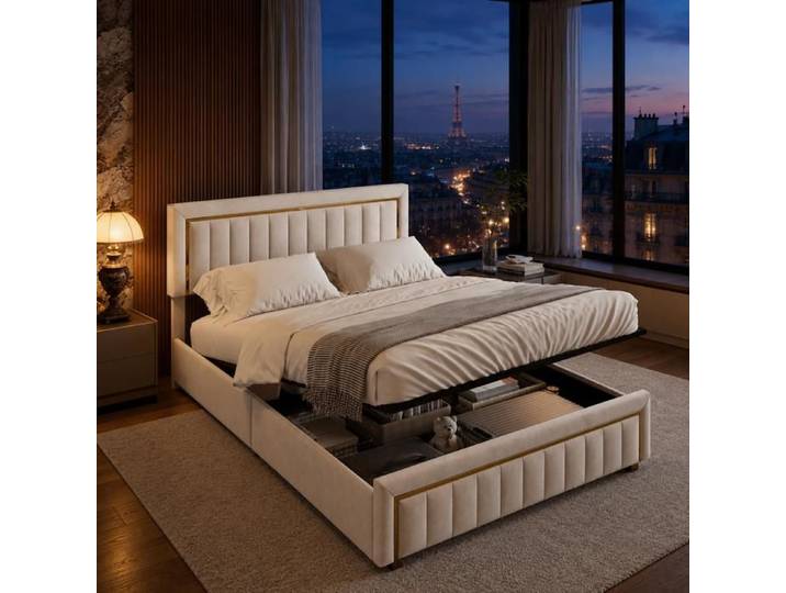 Lit coffre hydraulique capitonné double 180x200 cm velours beige imperméable facile à nettoyer grand rangement sous lit
