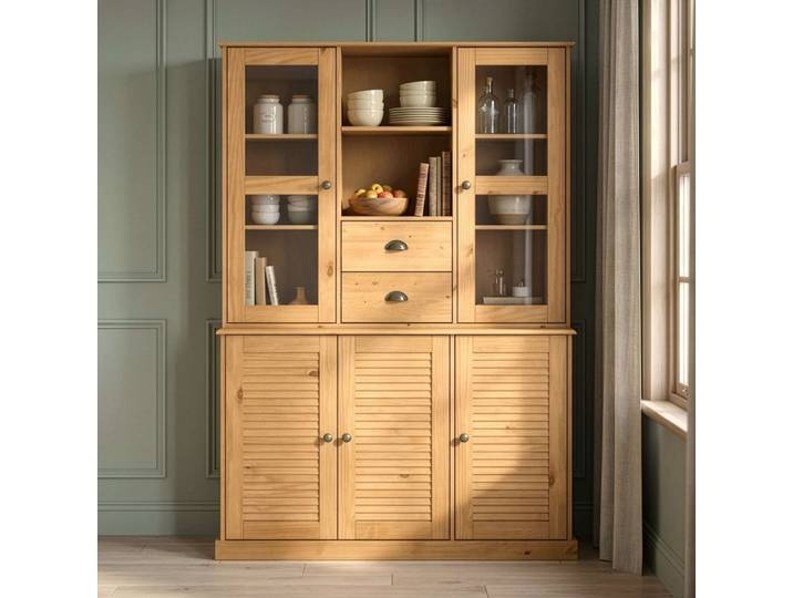Buffet OTTO HOME Turia , natur gebeizt, gewachst, B:127cm H:180cm T:38cm, Massivholz, Schränke, Buffet, mit Glas- u. Lamellentüren, aus massivem Kiefernholz FSC, Höhe 180 cm
