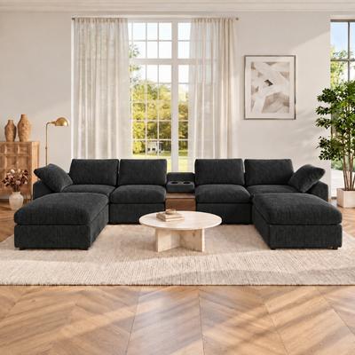 Abrihome "155.12"" U-Shaped Chenille Sectional Sofa with Console and Ottomans"