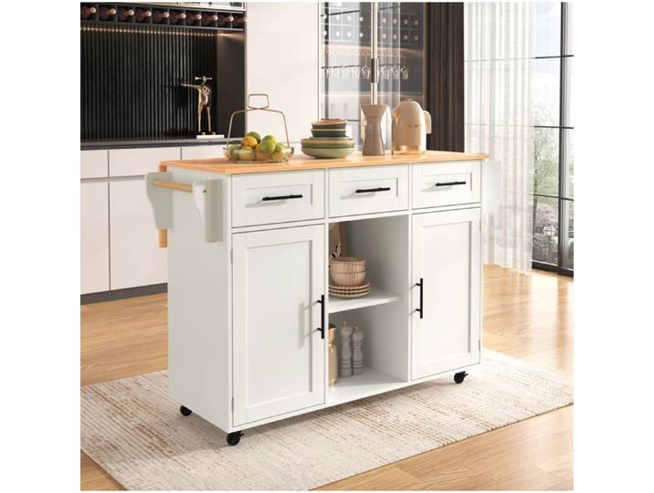 Desserte de cuisine 139x46-71x91.5 cm plateau rabattable 3 tiroirs roulettes blanc et bois