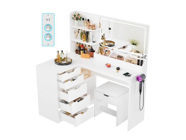 Furnicopia Schminktisch LED-Schminktisch mit großer Ablagefläche und Hocker (Maße: 120 x 80 x 136 cm Ausstattung: 5 Schranktüren, 8 Staufächer Ausstattung: 2 Steckdosen + 1 USB-Anschluss + 1 Typ-C-Anschluss Inklusive Föhnhalterung-ostern geschenke)