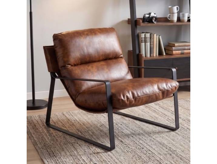 Ya-Home Loungesessel mit Armlehnen Metallgestell, Kunstleder, Braun Kräftige Rückenlehne und Sitzpolster, stabiler Metallrahmen, weiches Kunstleder, modernes Design