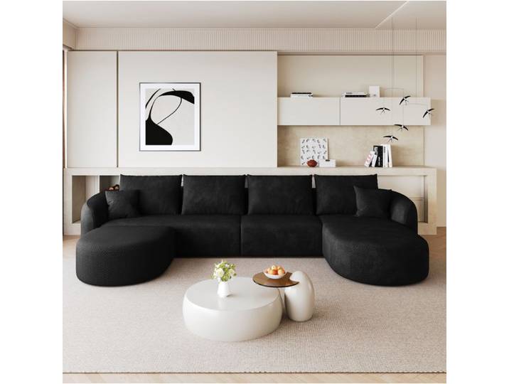Canapé d'angle U compressé 336 cm noir en tissu modulable 6 places sans montage