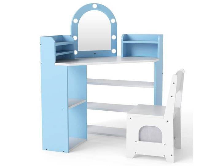 Coiffeuse d'angle - HELLOSHOP26 - Coiffeuse enfant - Miroir LED 3 couleurs - Chaise rangeable - Anti-basculement