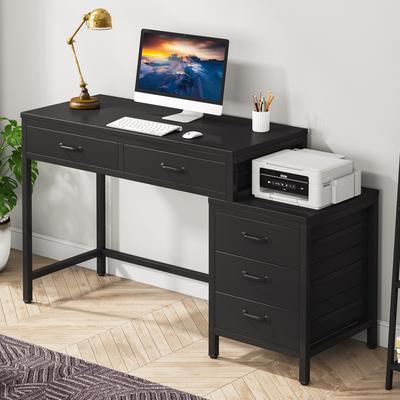 Bluebell Modern Computer Desk with 5 Drawers, Home Office Desks with Reversible Drawer Cabinet Printer Stand