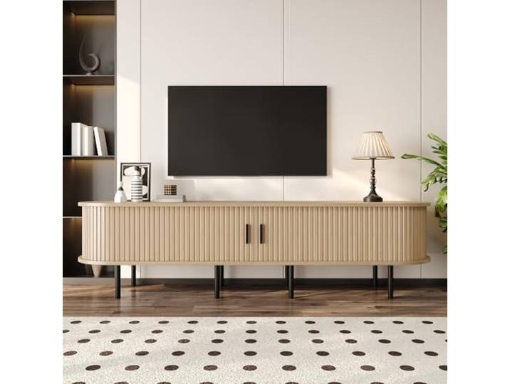 Merax TV-Schrank 170x40x46 cm, mit Schiebetüren, elliptische Medienkommode mit 2 offenen Fächern & Kabeldurchlässen, MDF-Korpus, Schwarze Metallfüße, Moderne Wohnzimmerschrank, Holzfarbe