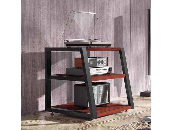 Fcmeavo Multimedia Aufbewahrung Schrank für HiFi Rack, Audio Video Regal aus Holz & Metall, Wasserdichter Desktop Offener Verstärker-Rack mit Verstellbare Fußmatten Wohnzimmer Schlafzimmer Audioanlage