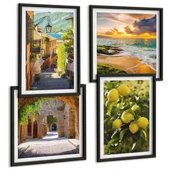 BILDER SET 4er Set - 50x50 cm & 40x60 cm Schwarzer Rahmen - Malerische Straßen am Meer, Strand