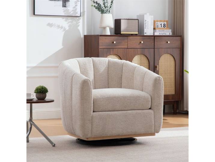 Fauteuil pivotant de salon - 81x73x75.5cm - Chaise tonneau en chenille forme citrouille avec franges base en métal moderne - Beige