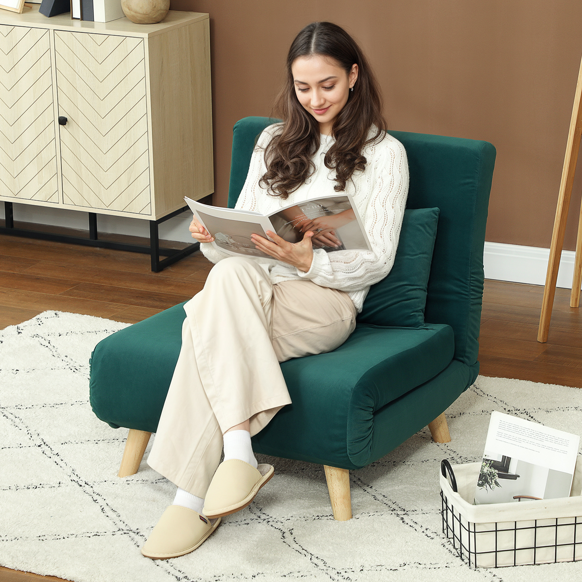 Homcom Poltrona pieghevole con funzione letto, poltrona relax pieghevole effetto velluto, schienale regolabile, portata fino a 120 kg, Verde scuro   Aosom Italy