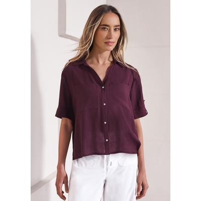 Hemdbluse STREET ONE, Damen, Gr. 42, lila (rustic rouge), Web, Obermaterial: 85% Viskose, 15% Nylon, unifarben, hüftbedeckend, mit Riegel, Blusen Hemdbluse, Kann auch offen gestylt werden